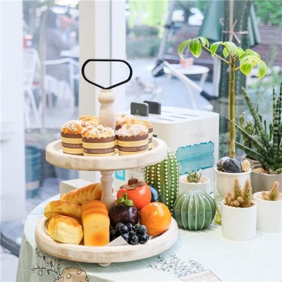 Rustic Wooden 2Tiered Tray,Round Farmhouse Kitchen Table Decor Serving Tier Tray - Picture 3 of 7